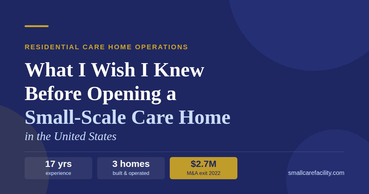 Navy blue article header image with gold accents. Title reads: What I Wish I Knew Before Opening a Small-Scale Care Home in the United States. Stats shown: 17 years experience, 3 homes built and operated, $2.7M M&A exit 2022. Site: smallcarefacility.com