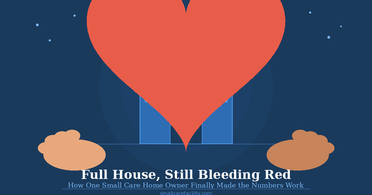 A warm illustration of a small residential care home at night, with two hands reaching in from either side — symbolizing compassionate support. Title reads: "Full House, Still Bleeding Red: How One Small Care Home Owner Finally Made the Numbers Work" | smallcarefacility.com