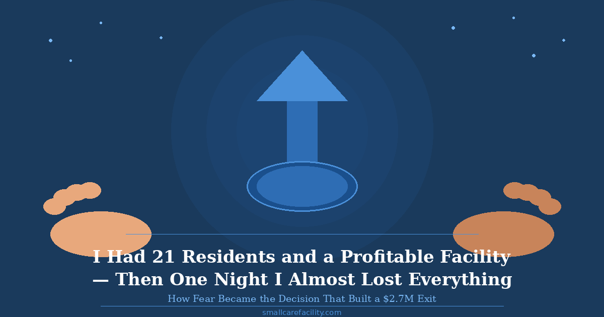 An upward arrow symbolizing growth above two outstretched hands, against a deep navy background. Title reads: "I Had 21 Residents and a Profitable Facility — Then One Night I Almost Lost Everything" | smallcarefacility.com